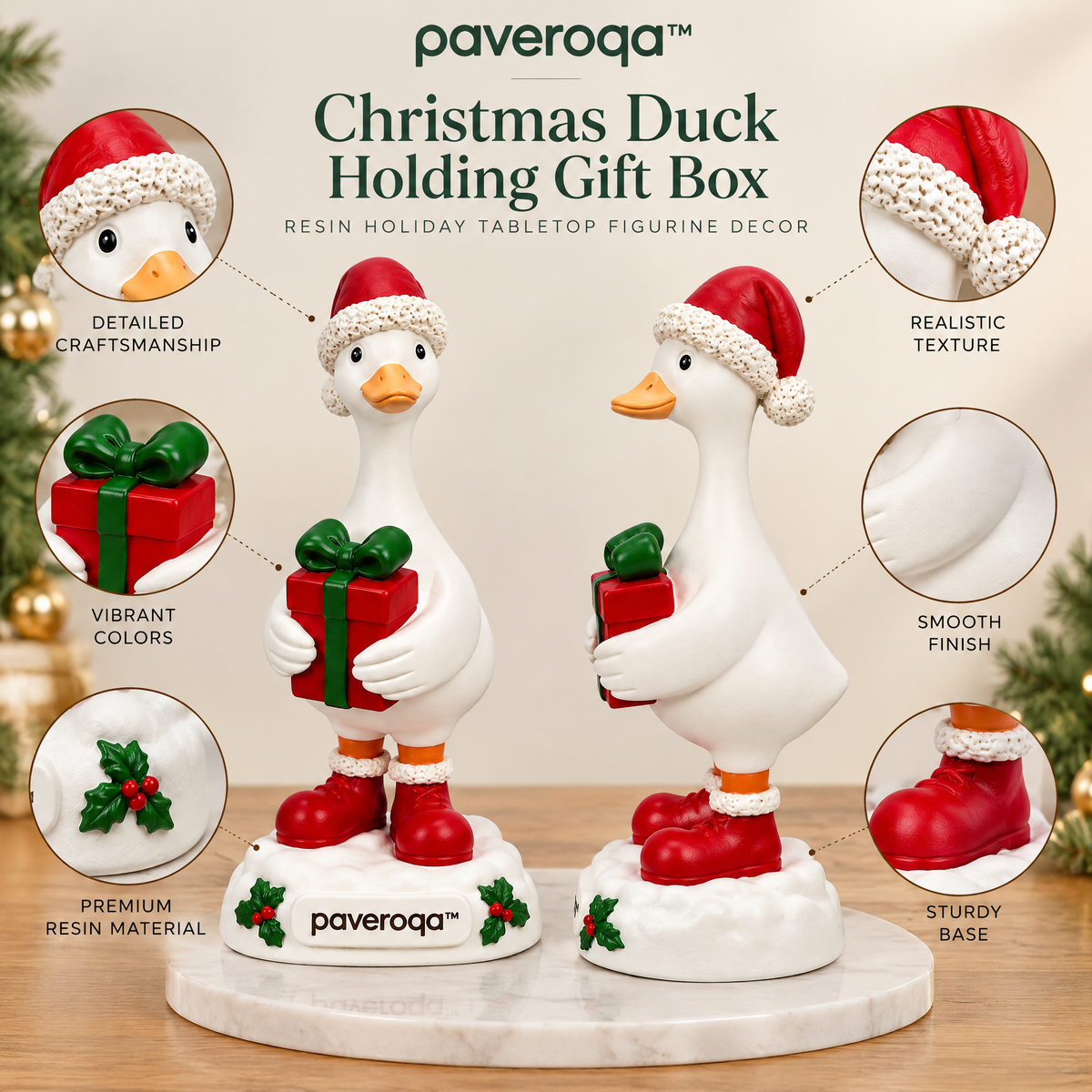 paveroqa™ Christmas Duck Holding Gift Box Resin Holiday Tabletop Figurine Decor