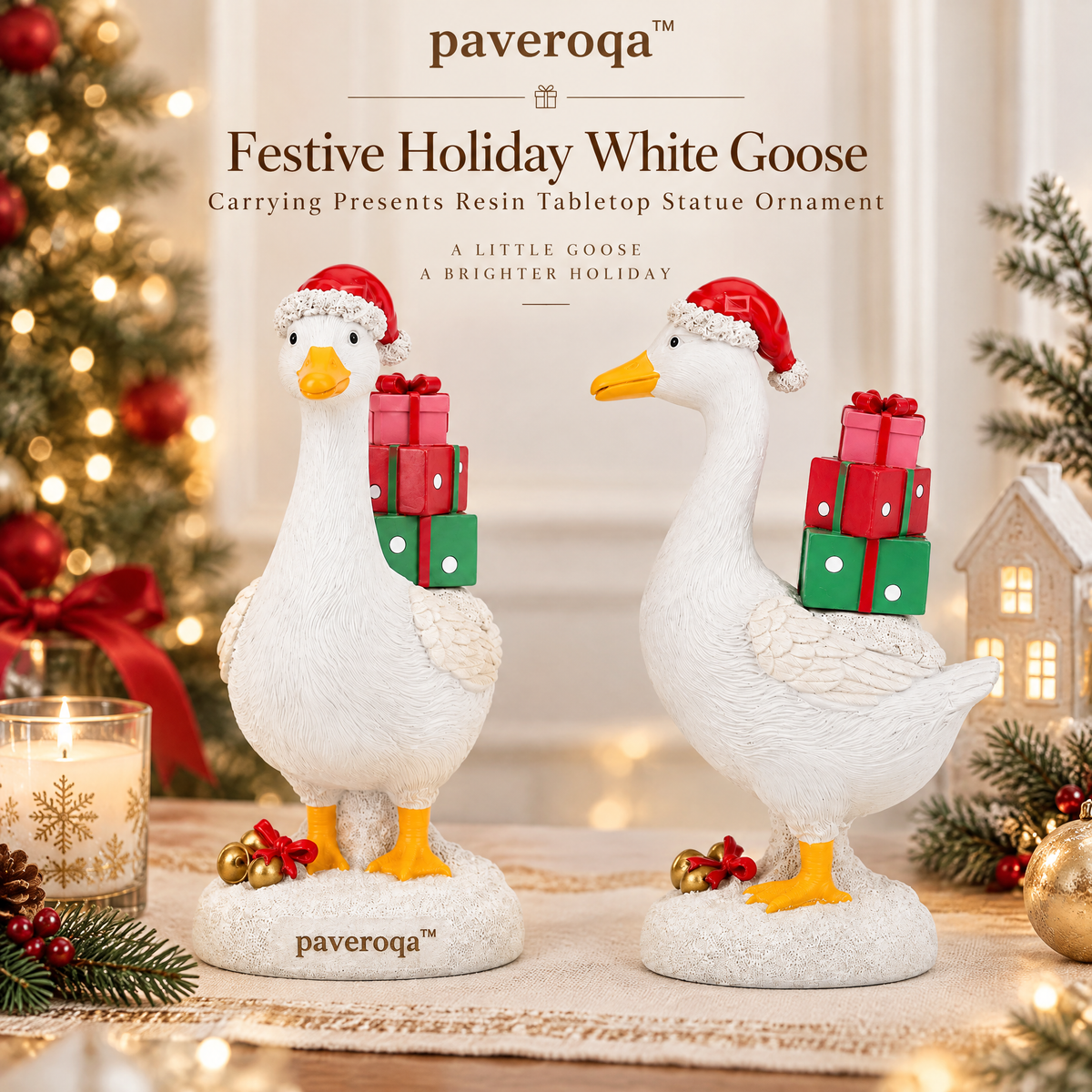 paveroqa™ Festive Holiday White Goose Carrying Presents Resin Tabletop Statue Ornament