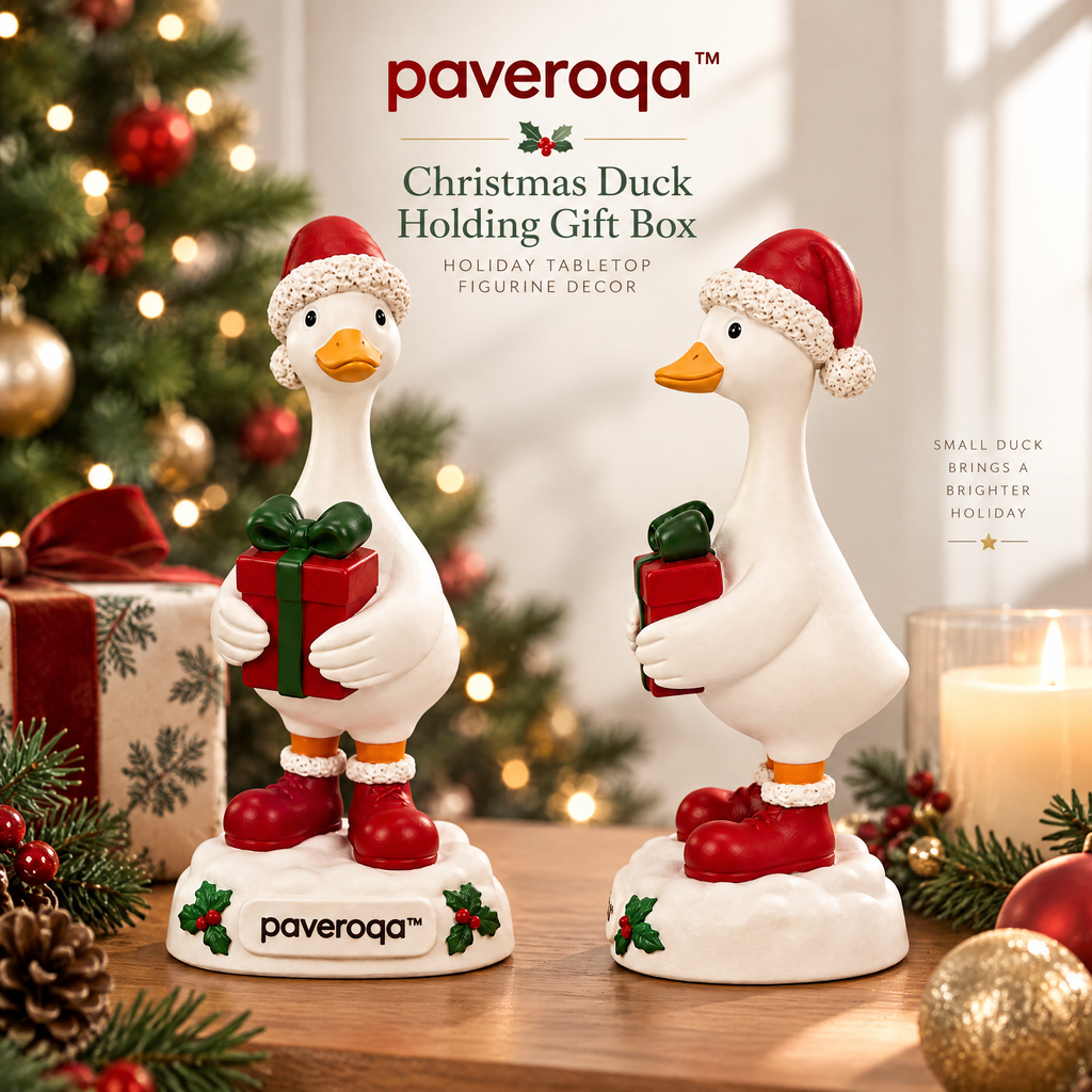 paveroqa™ Christmas Duck Holding Gift Box Resin Holiday Tabletop Figurine Decor