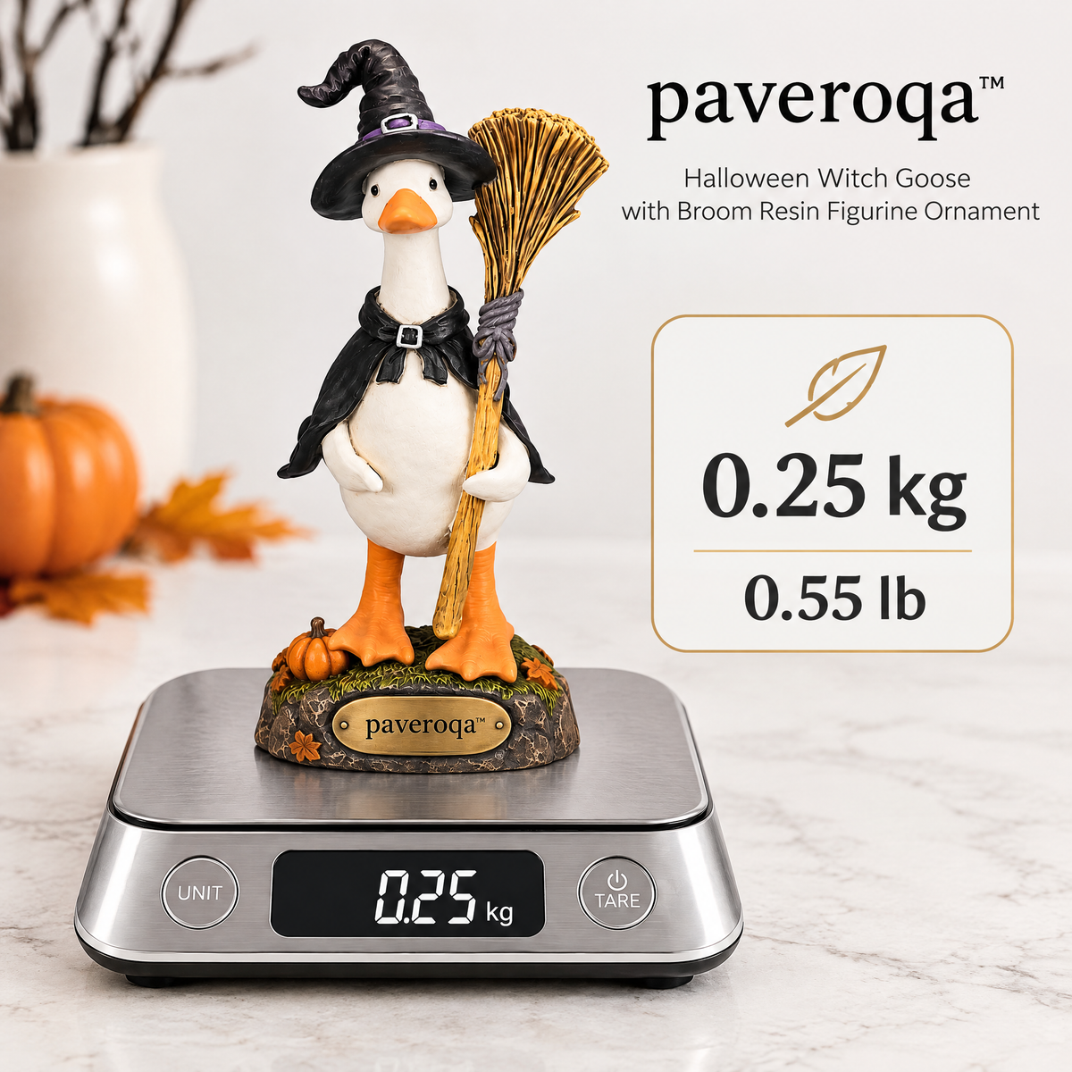 paveroqa™ Halloween Witch Goose with Broom Resin Figurine Ornament