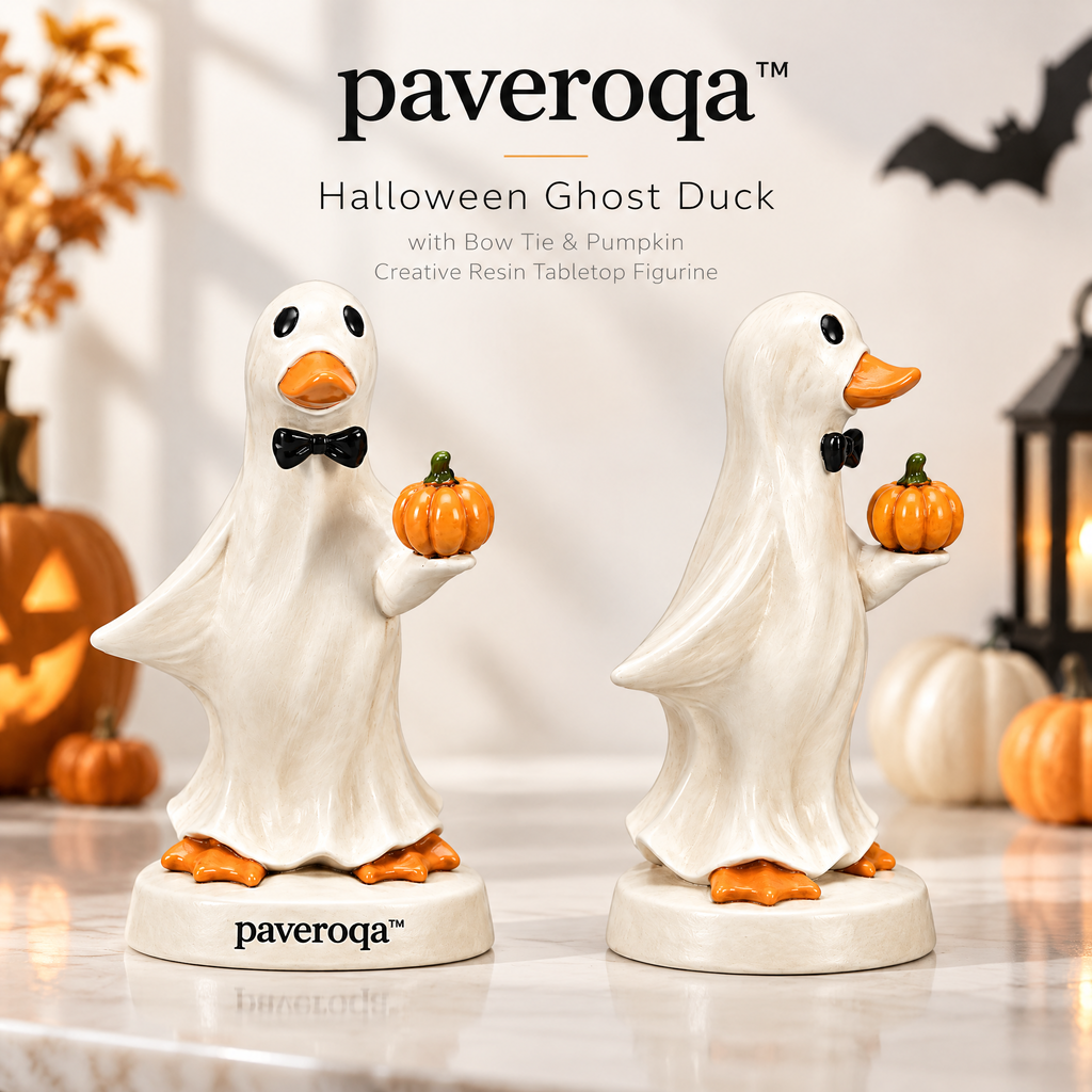 paveroqa™ Halloween Ghost Duck with Bow Tie & Pumpkin Creative Resin Tabletop Figurine
