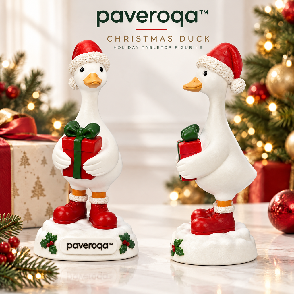 paveroqa™ Christmas Duck Holding Gift Box Resin Holiday Tabletop Figurine Decor