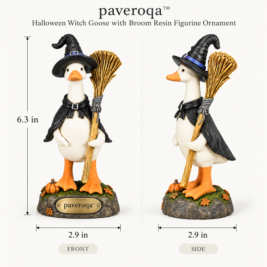 paveroqa™ Halloween Witch Goose with Broom Resin Figurine Ornament