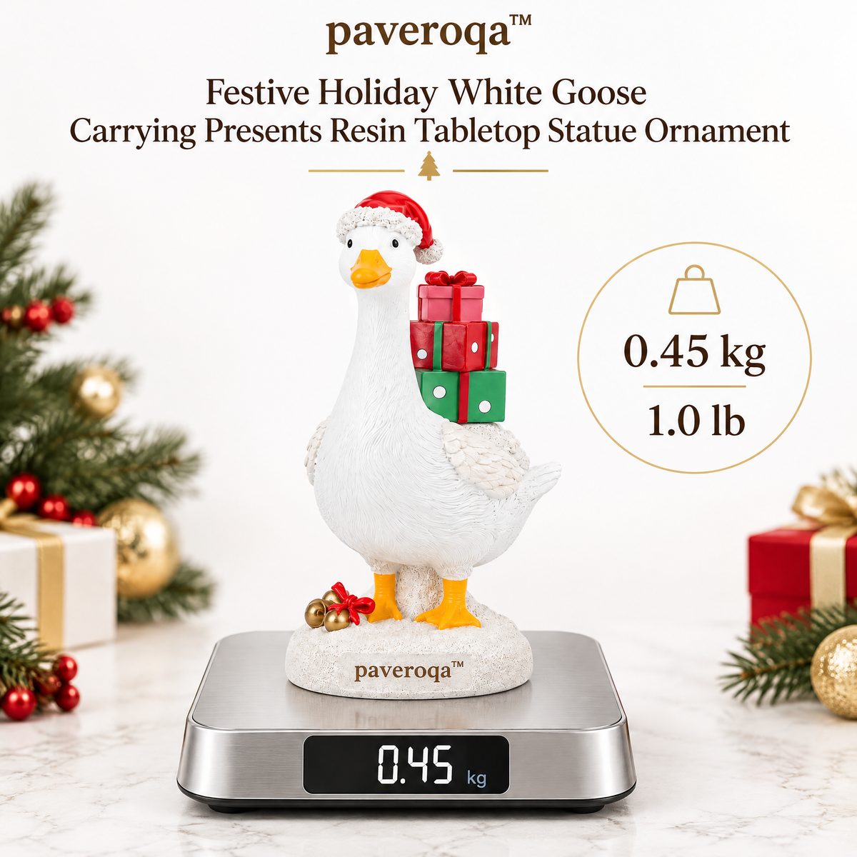 paveroqa™ Festive Holiday White Goose Carrying Presents Resin Tabletop Statue Ornament