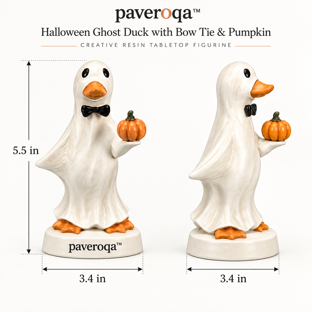 paveroqa™ Halloween Ghost Duck with Bow Tie & Pumpkin Creative Resin Tabletop Figurine