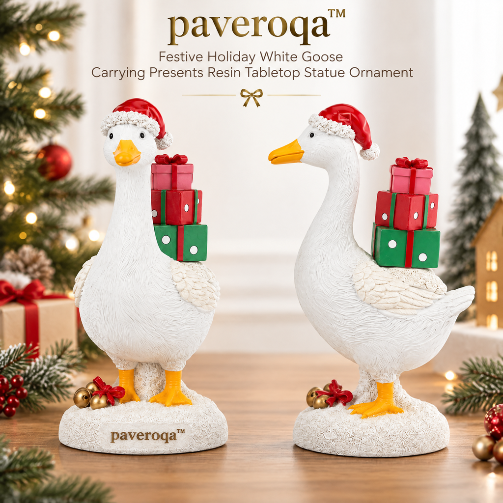 paveroqa™ Festive Holiday White Goose Carrying Presents Resin Tabletop Statue Ornament