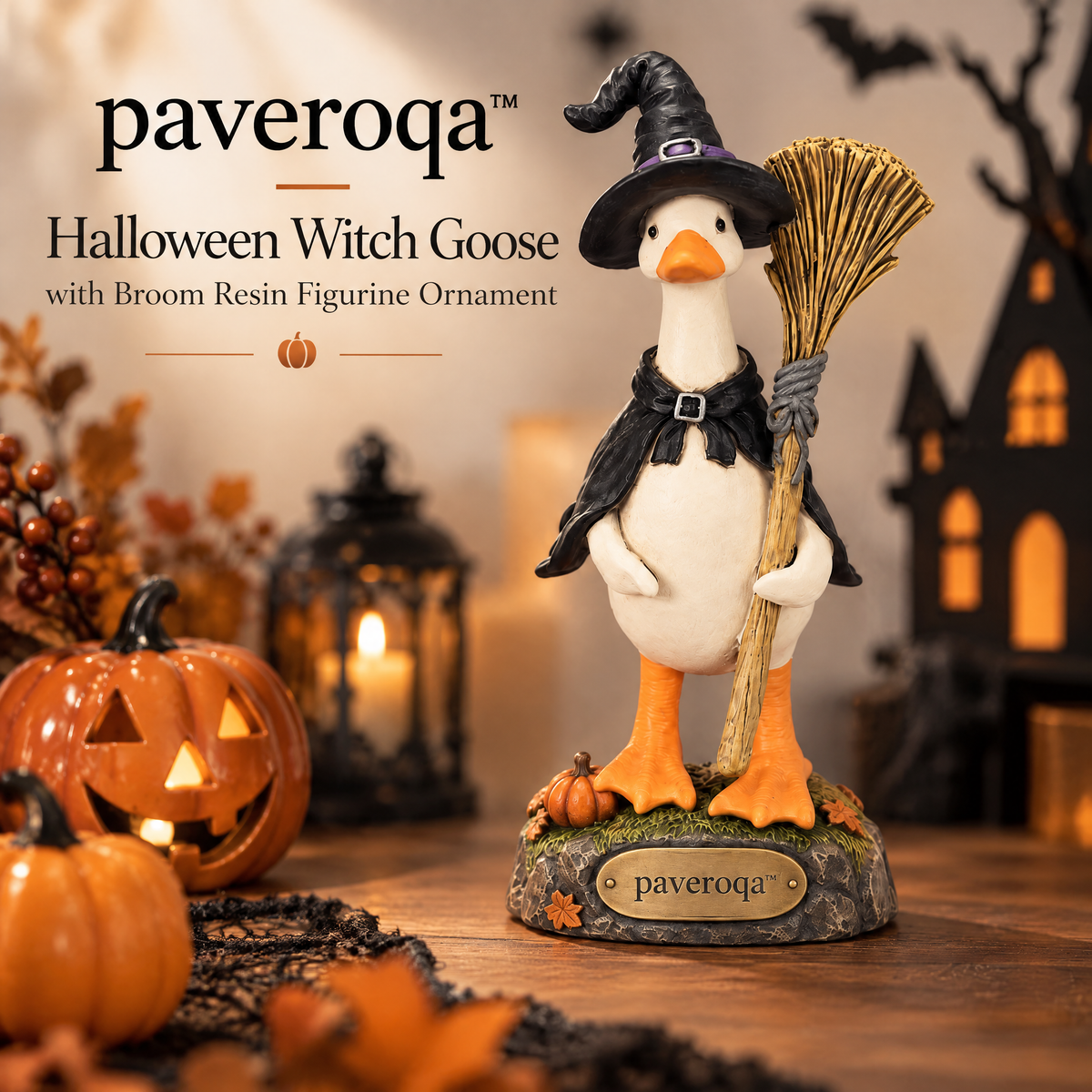 paveroqa™ Halloween Witch Goose with Broom Resin Figurine Ornament