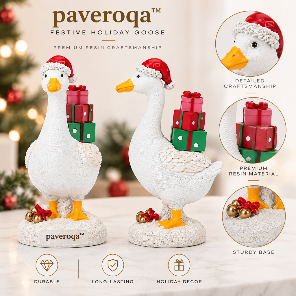 paveroqa™ Festive Holiday White Goose Carrying Presents Resin Tabletop Statue Ornament