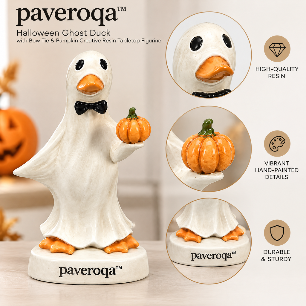 paveroqa™ Halloween Ghost Duck with Bow Tie & Pumpkin Creative Resin Tabletop Figurine