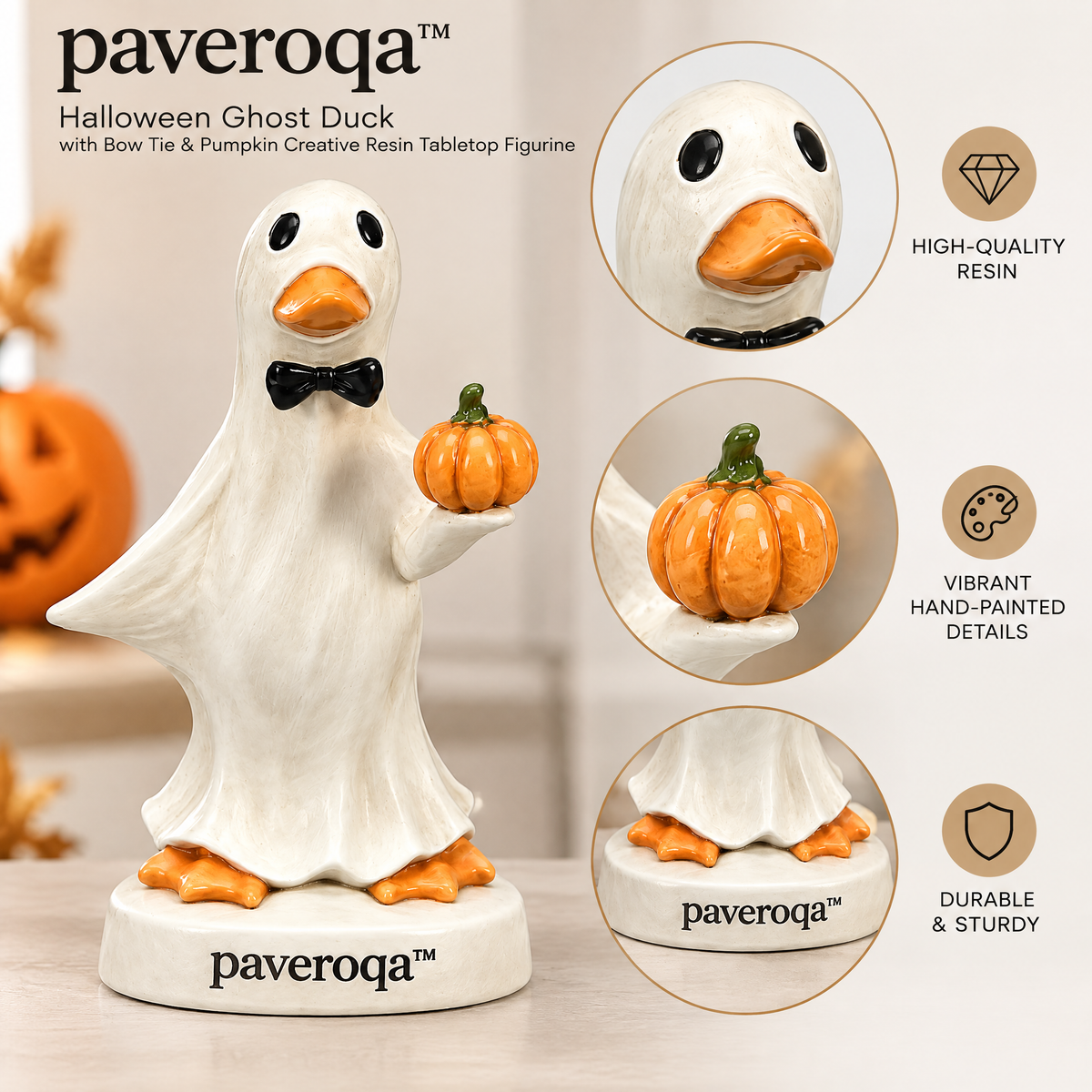 paveroqa™ Halloween Ghost Duck with Bow Tie & Pumpkin Creative Resin Tabletop Figurine