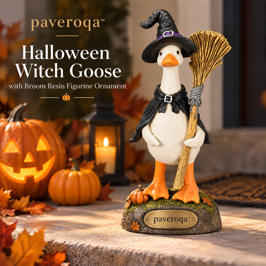 paveroqa™ Halloween Witch Goose with Broom Resin Figurine Ornament