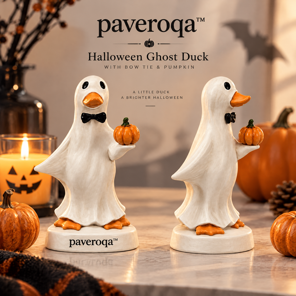 paveroqa™ Halloween Ghost Duck with Bow Tie & Pumpkin Creative Resin Tabletop Figurine