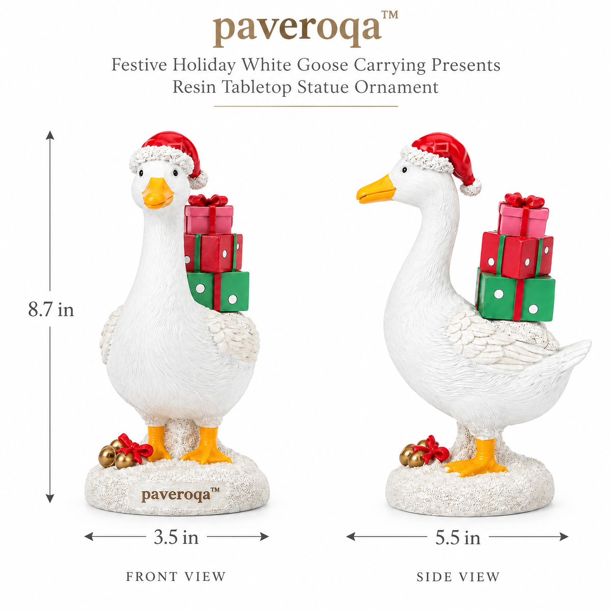 paveroqa™ Festive Holiday White Goose Carrying Presents Resin Tabletop Statue Ornament