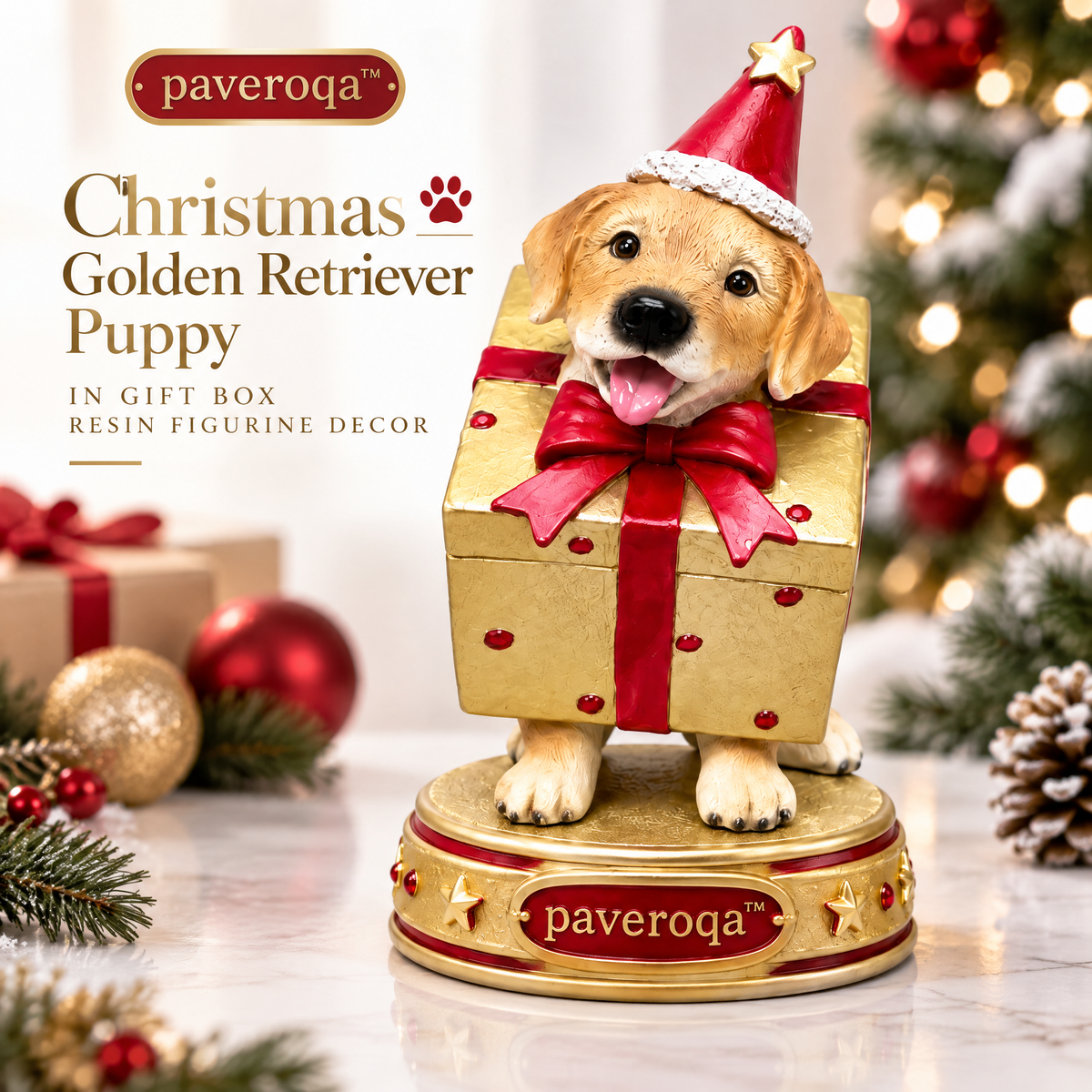 paveroqa™ Christmas Golden Retriever Puppy in Gift Box Resin Figurine Decor