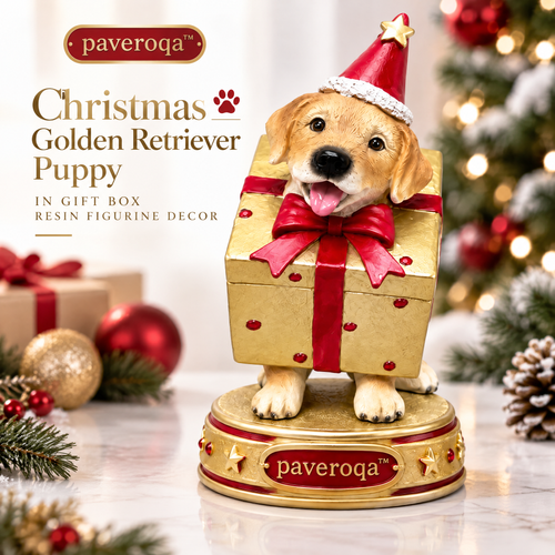 paveroqa™ Christmas Golden Retriever Puppy in Gift Box Resin Figurine Decor