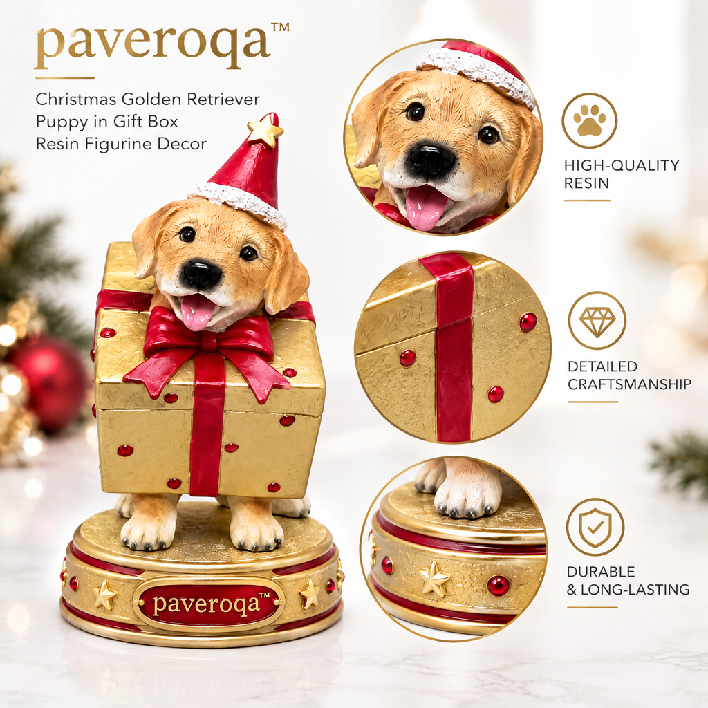 paveroqa™ Christmas Golden Retriever Puppy in Gift Box Resin Figurine Decor
