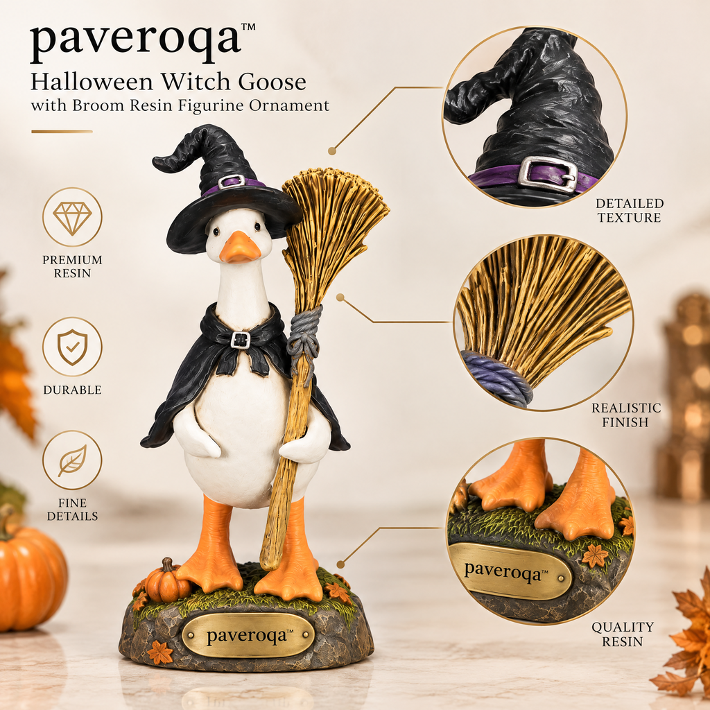 paveroqa™ Halloween Witch Goose with Broom Resin Figurine Ornament