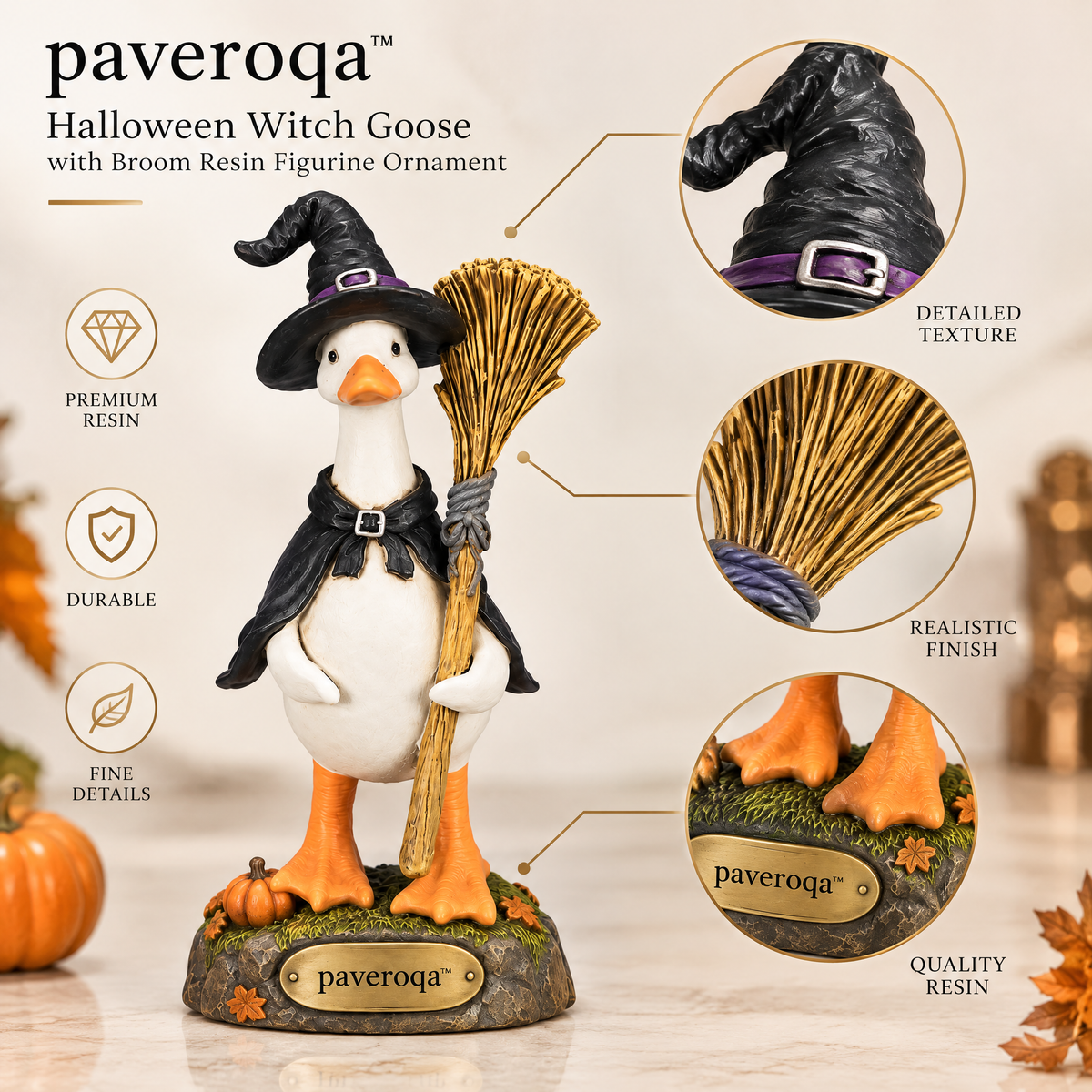 paveroqa™ Halloween Witch Goose with Broom Resin Figurine Ornament