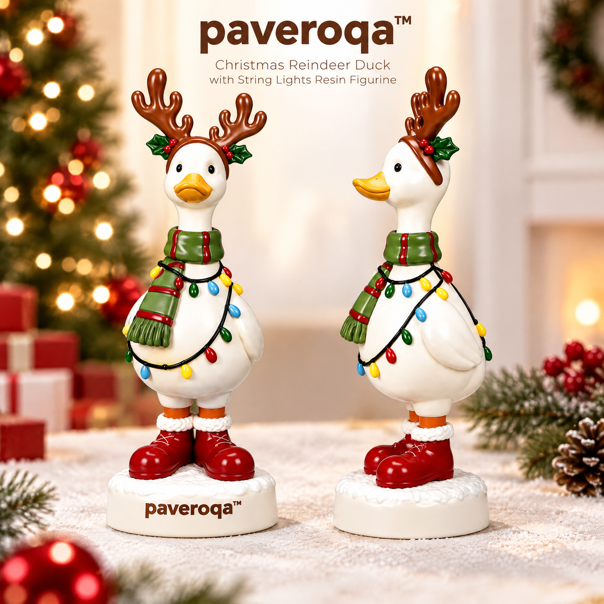 paveroqa™ Christmas Reindeer Duck with String Lights Resin Figurine